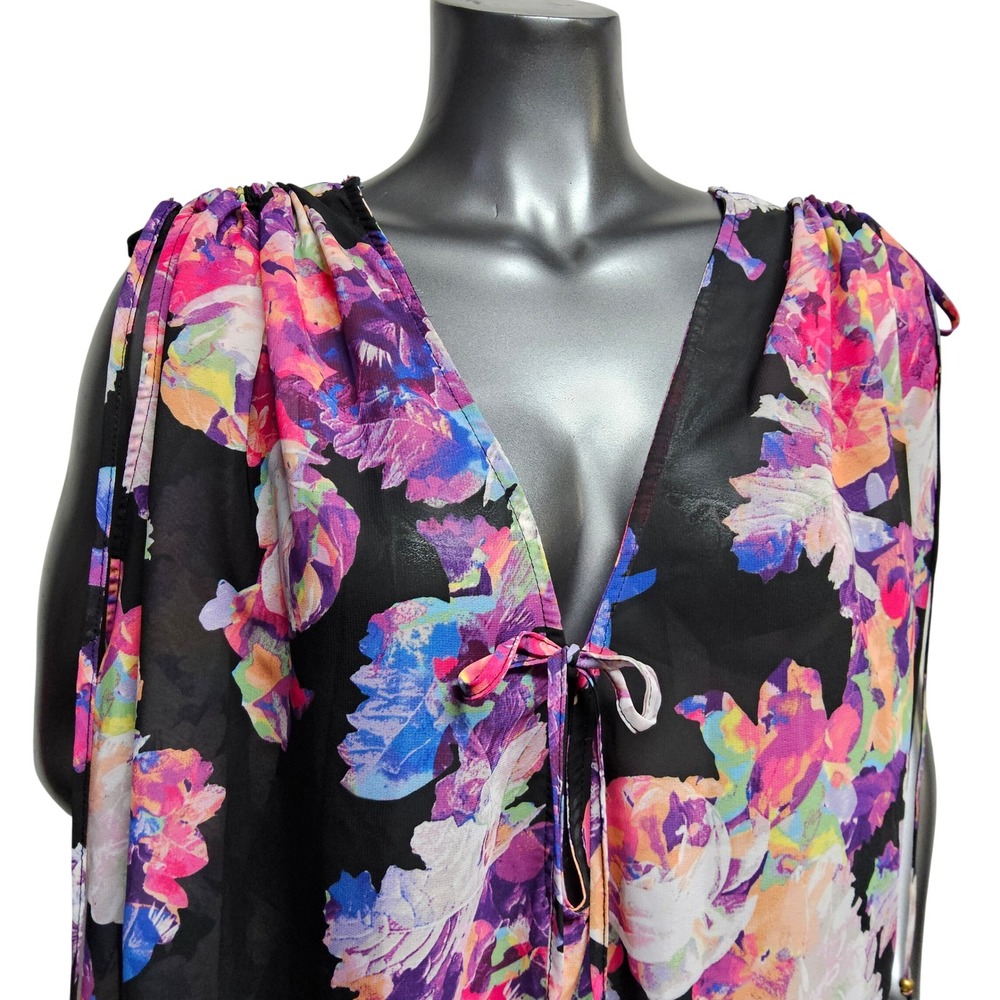 Bar III Womens Floral Chiffon V-Neck Swimsuit Cover‎ Up Tunic Black Pink Multi L